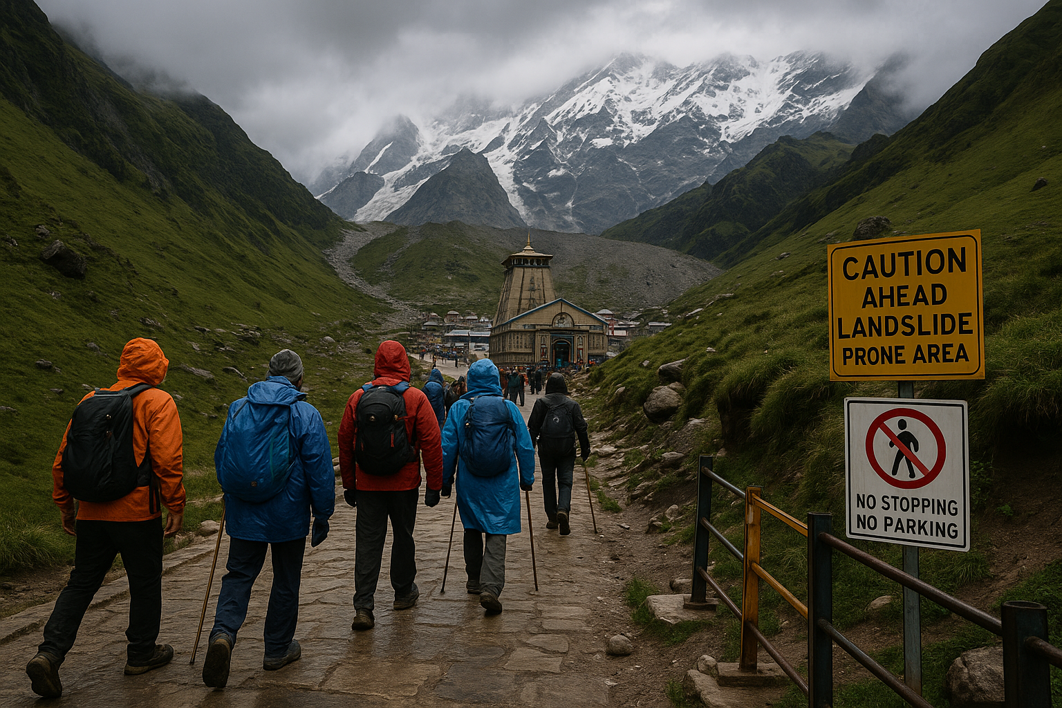 Kedarnath Yatra 2025: Pilgrims Trekking Safely Towards Kedarnath Temple Pilgrims trekking to Kedarnath Temple with safety gear in 2025